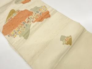 ひげ紬花葉に幾何学模様名古屋帯